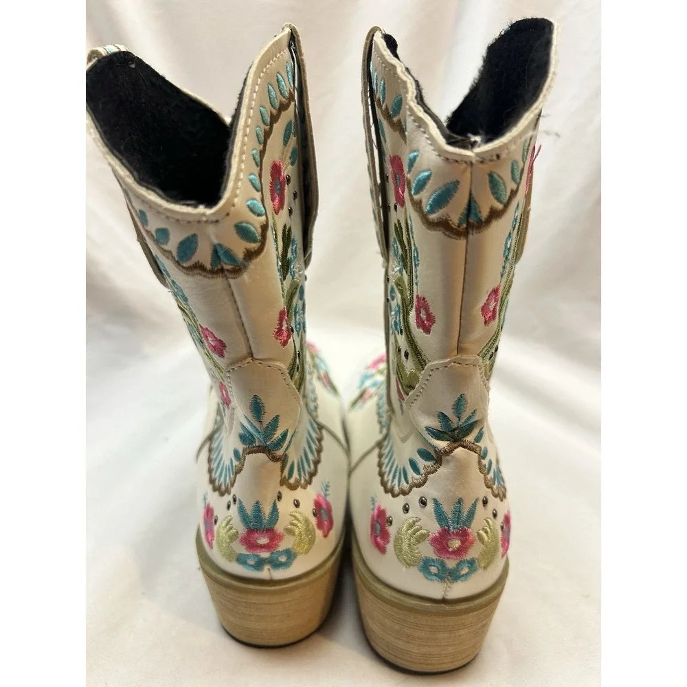 Womens Retro Western Cowboy Pointed Toe Mid Calf Boots White Embroidered Floral